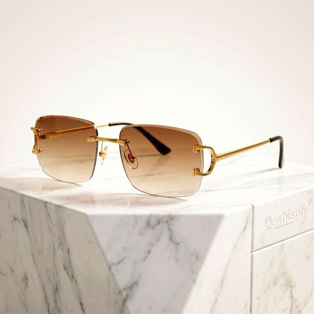 Whisply Sunglasses Rimless Rectangle Gold C-Hinge Luxury Inspired Shades +Case